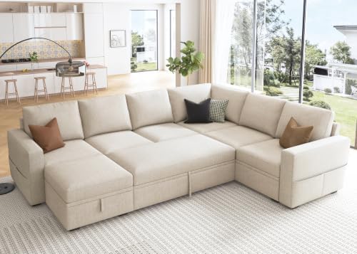 HONBAY Modular Sectional Sleeper Sofa with Pull Out Bed, U Shaped Sectional Couch with Storage Ottoman, Sleeper Sectional Couches for Living Room, Beige by HONBAY