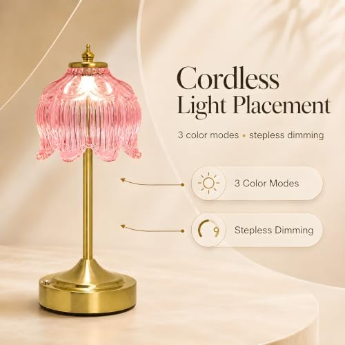 Lotus Flower Table Lamp, Cordless Rechargeable Amber Glass Bedside Lamp | 3600mAh Battery, Touch Control, 3 Color Modes & Stepless Dimming for Bedroom, Nightstand Pink 1PC - Image 2