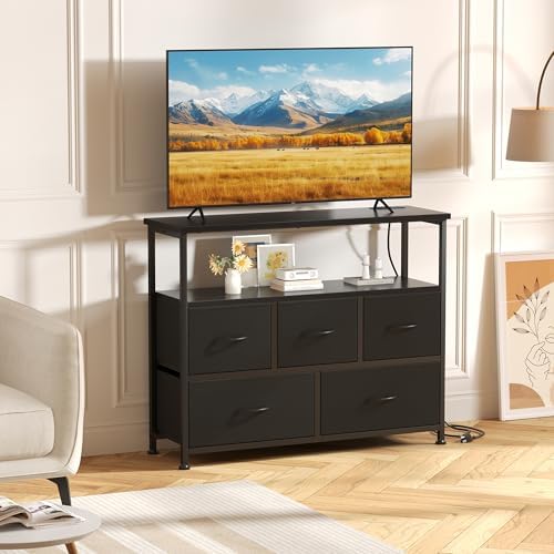 DUMOS TV Stand with 5 Fabric Storage Drawers, Media Console with Open Shelf & Charging Station, Compact Fabric Storage Entertainment Cabinet for Bedroom Living Room, Black - Image 2