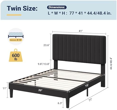 Allewie Twin Bed Frame, Velvet Upholstered Platform Bed with Adjustable Vertical Channel Tufted Headboard, Mattress Foundation with Strong Wooden Slats, Box Spring Optional, Easy Assembly, Black - Image 2