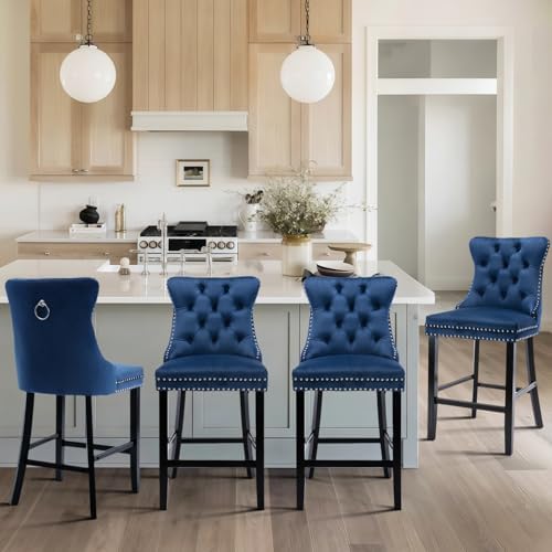 SoarFlash Modern Velvet Upholstered Bar Stools Set of 4 with Wood Legs, Button Tufted,Chrome Nailhead, Counterstool Seat, Armless Bar Chairs (Blue) - Image 5