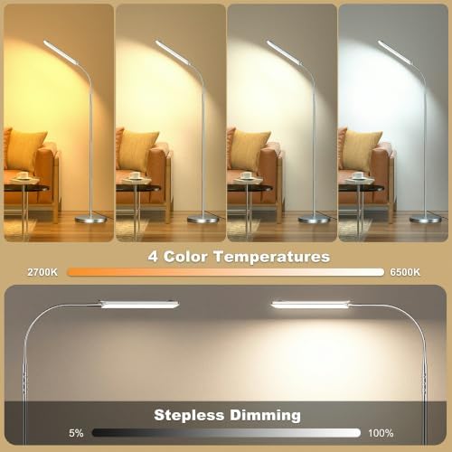 Dimmable LED Floor Lamp, Super Bright Reading Lamps Floor Standing lamp with Remote & Touch Control, Stepless Dimming & 2700K-6500K Color Temperature, for Living Room Bedroom Office, Nickel Plating - Image 3