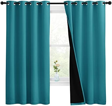 NICETOWN 100% Blackout Curtains with Black Liner, Thermal Insulated Full Blackout 2-Layer Lined Drapes, Energy Efficiency Window Draperies for Bedroom (Peacock Teal, 2 Panels, 55-inch W by 68-inch L) by NICETOWN