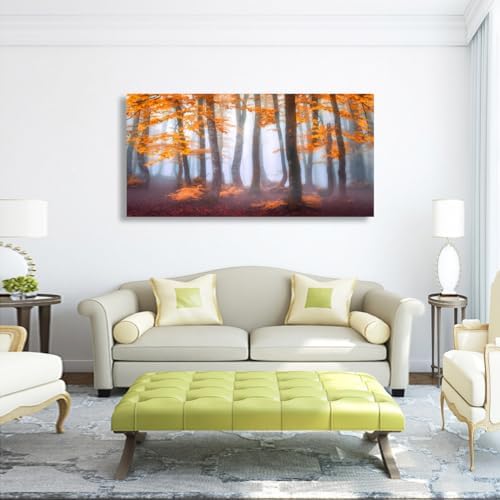 Orange Maple Leaf Tree Canvas Wall Art for Living room Office Bedroom Mist Forest Wall Art Print Paintings Modern Nature Autumn Landscape Pictures Wall Decor Artwork Ready to Hang - 20in * 40inch - Image 2