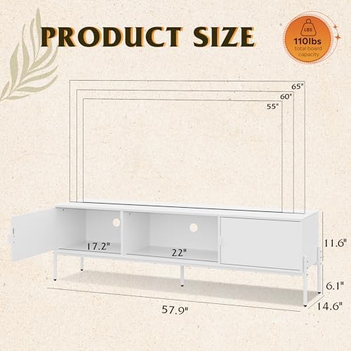 WLIVE 58" TV Stand for 65 Inch TVs, Mid Century Modern Entertainment Center with 2 Storage Cabinets & Open Shelf, Media Console Table with Metal Legs for Living Room, Bedroom, White - Image 6