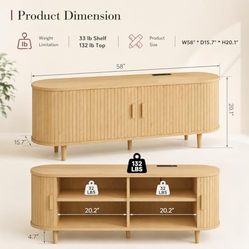 MXV 58" Mid-Century Modern TV Stand with Sliding Doors, TV Consoles with Power Outlet, Fluted Entertainment Center with Adjustable Shelves for Living Room - Image 5