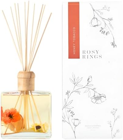 Honey Tobacco Botanical Reed Diffuser, Single Set, Square Glass Bottle 6.76 fl oz Lasts 6-12 Months Amber Oil Aromatherapy Scent Decor, Home Library Office Relaxation Gift by RosyRings