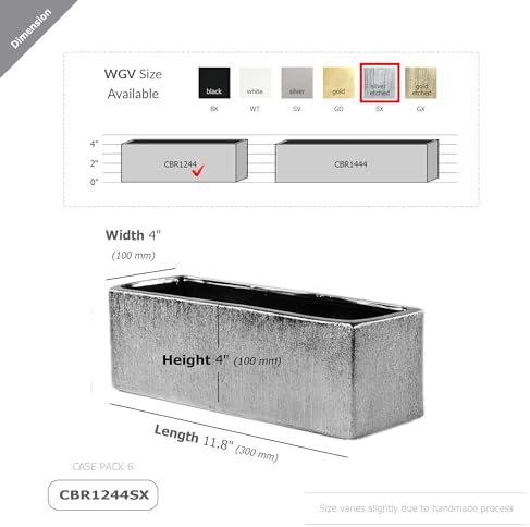 WGVI Long Rectangle Ceramic Planter Vase in Silver Etched 12" x 4" x 4"H, Block Rectangular Terrarium Box Pot, Flower Arrangement, Table top Centerpiece, Home Decor Storage Container, 1 Pc. - Image 2