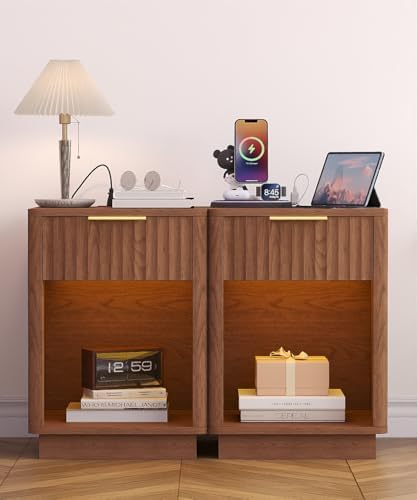Akxomel Fluted Nightstand Set 2 Bedside Table with Charging Station Walnut - Image 2
