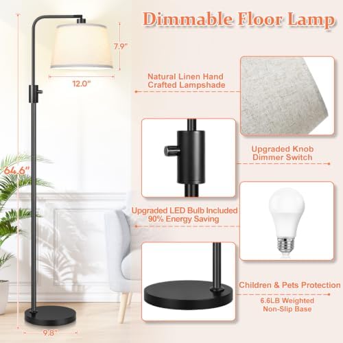 Nintiue 【Upgraded】 Dimmable Floor Lamp, 1000 Lumens LED Bulb Included, Arc Floor Lamps for Living Room Modern Standing Lamp with Linen Shade, Tall Lamp for Bedroom Office Reading Dining Room- Black - Image 5