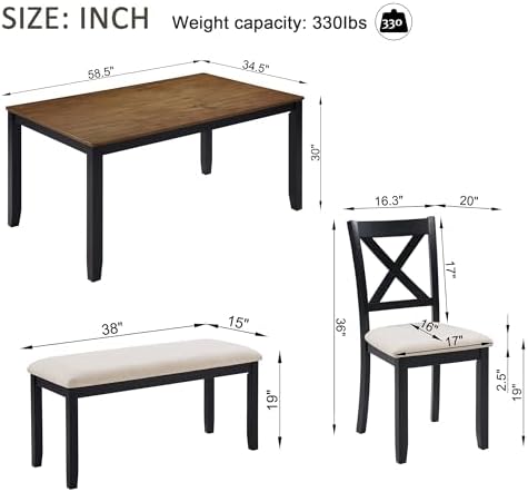 Harper & Bright Designs Dining Table Set for 6 with Bench, 6-Piece Farmhouse Kitchen Set in Black & Oak Two-Tone, Solid Wood Frame Table & 4 Chairs for Dining Room - Image 2
