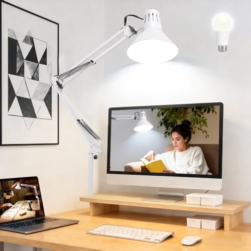White Desk Lamp with Clamp, Extra-Tall Adjustable Metal Swing Arm, 5000K by Coospider