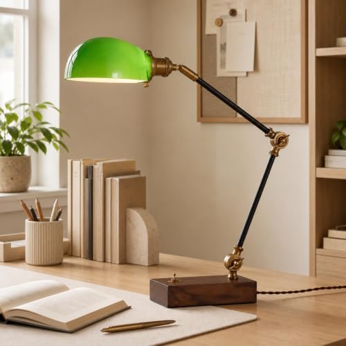 Vintage Green Glass Solid Wood BLack Gold Adjustable Swing Arm Desk Lamp - Image 4