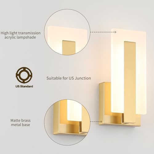 Joosenhouse Modern LED Wall Sconce Set of 2, Dimmable Hardwired Bathroom Vanity Light Indoor Wall Sconce for Hallway, Bedroom, Study, Living Room, 9.76 Inch Brass Wall Lights - Image 2