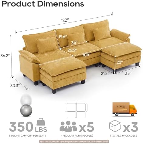 URRED Oversized Modular Sectional Sofa，Yellow：122" U Shaped - Image 2