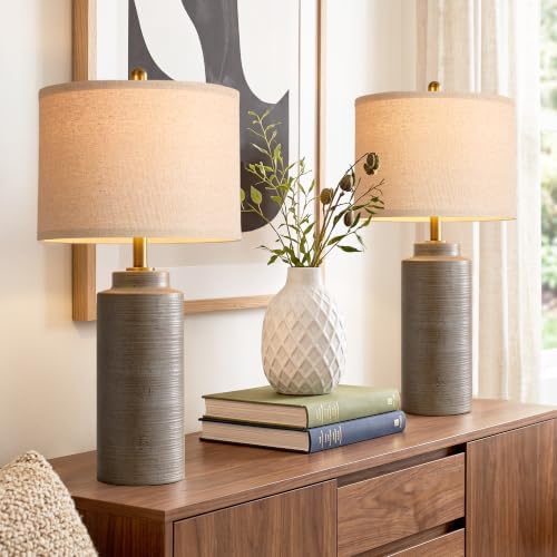 PARTPHONER 27" Vintage Ceramic Table Lamp Set of 2, Rustic Farmhouse Bedside Lamps with Ribbed Textured Finish, Greyish Brown Earth Tone Nightstand Lamps for Living Room Bedroom End Tables Home Decor - Image 7