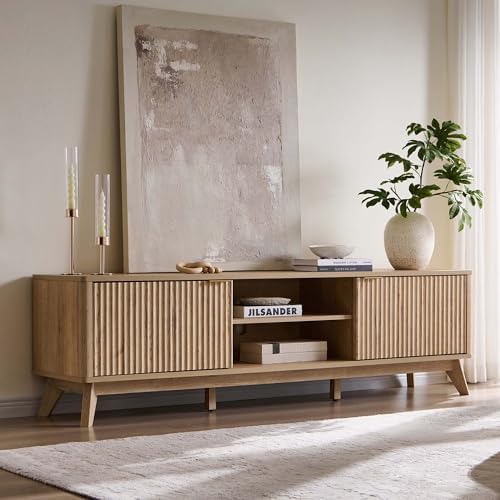 OKD 70" Mid Century Modern Fluted TV Stand w/ 2 Soft Close Door,Natural Oak by OKD