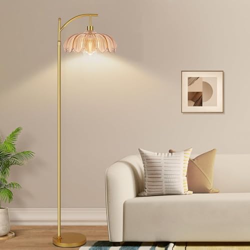Arc Floor Lamp for Living Room Gold Floor Lamp with Remote Control,Dimmable Floor Lamps With Glass Lampshades,Mid Century Modern Standing Lamp Tall Vintage Flower Floor Lamps for Bedroom,Corner - Image 3