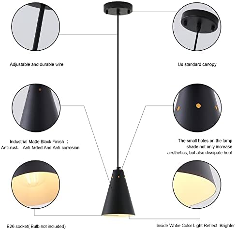Dijiahua Black Pendant Lights 3 Pack for Kitchen Island,Small Modern Industrial Chandeliers with Cone Metal Shade,Mini Adjustable Cord Hanging Lighting Fixtures for Over Sink,Bar,Dining Room - Image 5