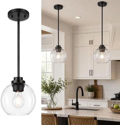 Pendant Lights Kitchen Island, 7" Modern Black Hanging Lights Fixtures with Clear Glass Globe Shade, Kitchen Island Lighting for Bathroom, AD-22280-1P-BK-C by Audickic