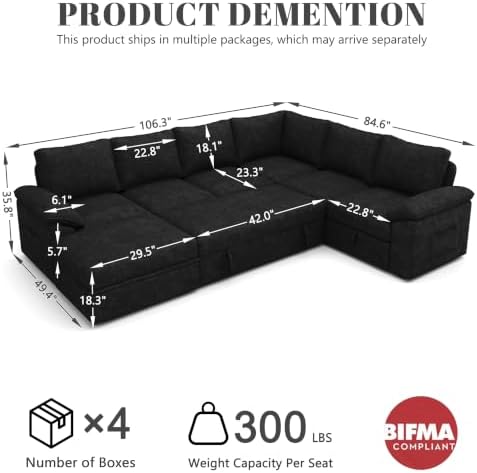106'' Modular Sectional Sofa with Pull Out Bed, Sleeper Sofa, Black - Image 3