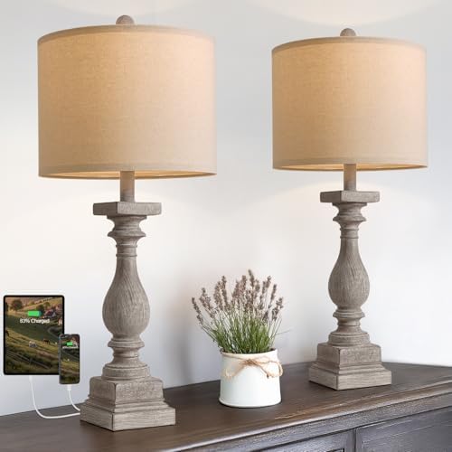 BOBOMOMO 27" Farmhouse Table Lamps with USB-A +C Ports, Vintage Rustic Lamps for Living Room, Linen Shade, Retro Side Table Lamps Set of 2 for Living Room,Bedroom,Night Stands (Blubs not Included) by BOBOMOMO