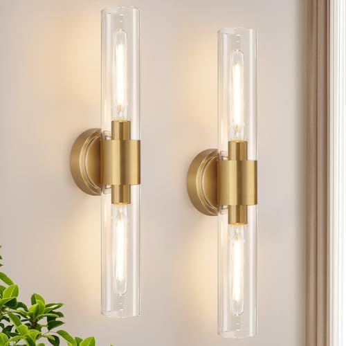 Wall Sconces Set of Two, Brushed Gold Bathroom Sconces Wall Lighting with Clear Glass, Hardwired Modern Sconces Wall Decor Set of 2 for Bathroom Mirror Bedroom Living Room Hallway by Meybiok