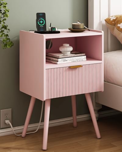JOONEE Nightstand with Oultlet,Modern Bedside Table with Storage Drawer and Open Wood Shelf, for Living Room, Bedroom and Small Spaces, Accent Night Stand with Solid Wood Legs, Easy Assembly,Pink by JOONEE