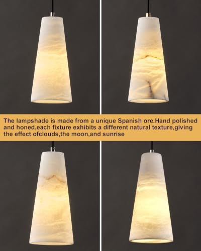 Natural Alabaster Pendant Lights Kitchen Island, H-10in White Pendant Light Fixtures, Light Pendant Marble Conical Shade Black, for Bedroom Bathroom Dining Room Living Room (Dimmable Bulbs INCL) - Image 6