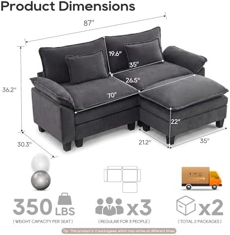 URRED Oversized Modular Sectional Sofa，Dark Gray：87" L Shaped - Image 2