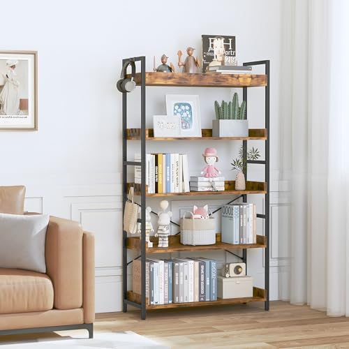 HCHQHS 5 Tier Bookshelf, Adjustable Industrial Bookcase, Vertical Tall Book Shelf, Wood and Black Metal Open Bookshelves for Home Office, Living Room, Bedroom - Image 2
