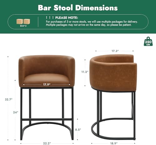 Counter Height Bar Stools Set of 4, Modern Counter Stools for Dining Room, 24 Inch Barstools for Kitchen Island, Faux Leather Bar Stool with Metal Legs and Back Footrest, Brown - Image 2