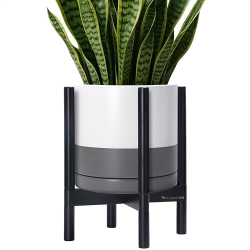 D'vine Dev Ceramic Pot with Ebony Wood Stand, White/Grey, 12 in, 55-B-H-6 by DvineDevPlanterPotsandStand