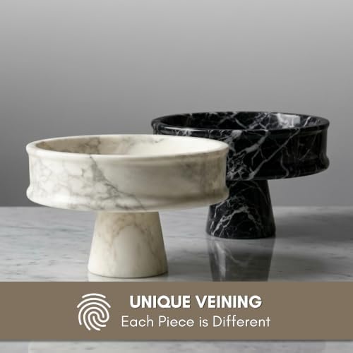 Marble Pedestal Bowl for Kitchen Counter, 10" Handcrafted Natural Stone Decorative Fruit Bowl, Catch-All Key Dish, Dining Table Centerpiece, Pedestal Bowl, & Housewarming Gift (Black Marble) - Image 3