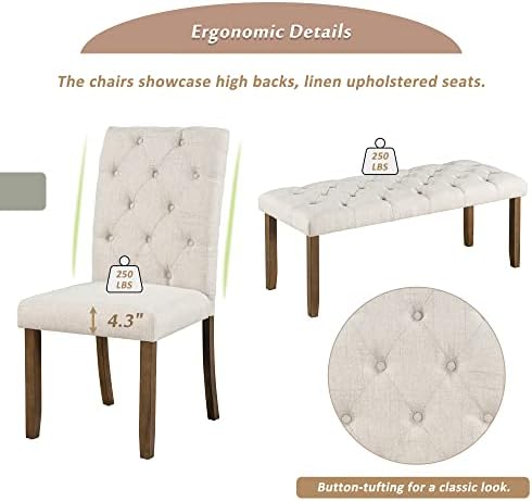 Mirightone 6-Piece Farmhouse Dining Table Set for 6 Rectangular Table Set with 4 Upholstered Chairs and Bench, Solid Wood Dining Table Set for Kitchen, Dining Room (Walnut) - Image 6