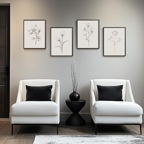 Framed Black and White Floral Wall Art, 4 Piece Vintage Gray Botanical Canvas Prints Painting Artwork, Minimalist Neutral Flower Pictures for Farmhouse Bedroom Living Room Bathroom Home Decor, 11x14 - Image 3