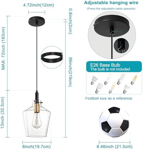 Seeded Glass Pendant Lighting for Kitchen Island 1 Pack Black Gold 8 Inch - Image 5