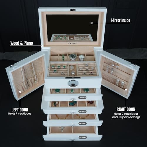 White Wood Jewelry Box, Large Size, Fingerprint Unlock, Seven Level Jewelry Organizer with Necklace Hanger and Mirror, High Gloss Lacquer Finish (5L-WT) - Image 3