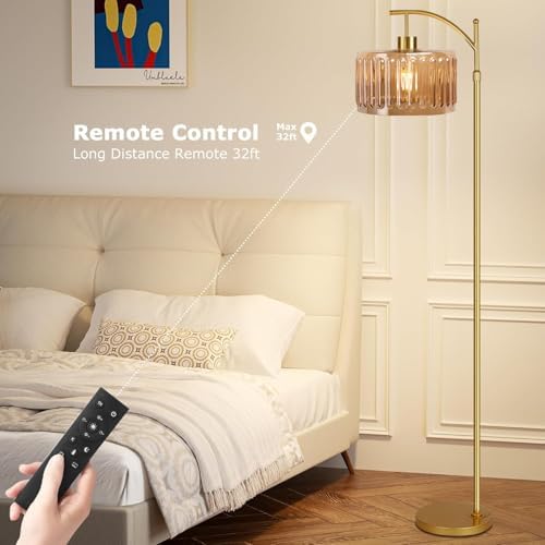 QIYIZM Floor Lamp for Living Room,Bedroom,Gold Dimmable Standing Lamp with Remote,Mid Century Modern Brass Tall Lamp Retro Vintage Glass Lamp Floor Light Boho Bohemian - Image 4