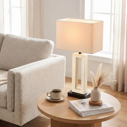 22" Modern Ceramic Table Lamps Set of 2, Cream Crackle Glaze Hollow Bedside Lamps with Linen Shade, 5ft Cord Rotary Switch E26 Base Nightstand Lamps for Bedroom Living Room Entryway Decor - Image 3