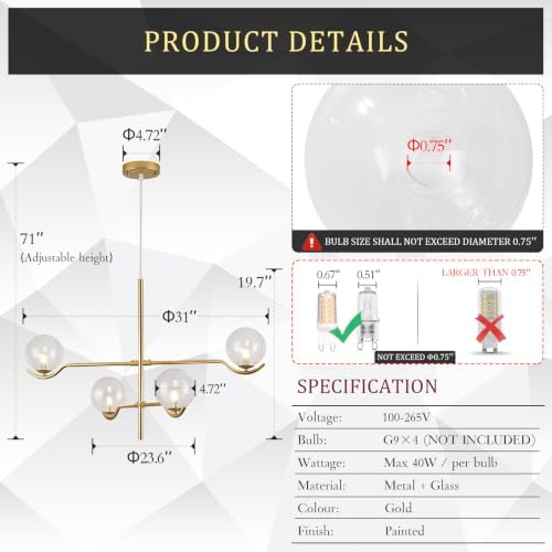CATINER Modern 31" 4-Light Gold Sputnik Chandelier with Clear Glass Globe - Image 2