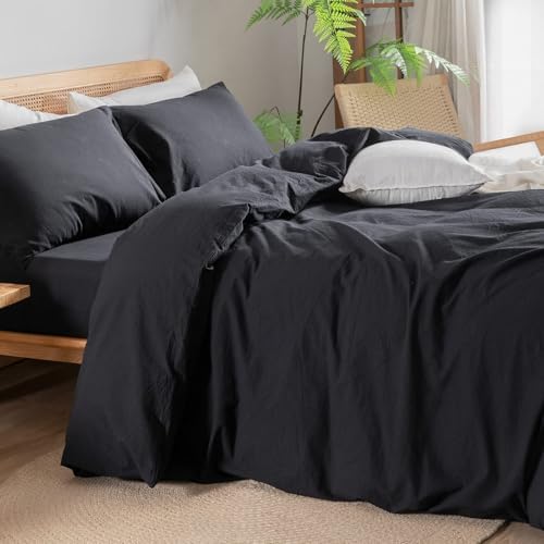 BESTOUCH Cotton Solid Duvet Cover Set Linen Feel Deep Black Alaska King - Image 2