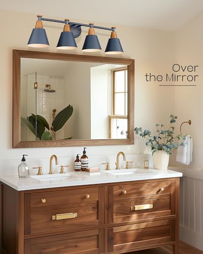 FEMILA 4-Light Bathroom Light Fixtures, Farmhouse Modern Vanity Lights Wall Lamp with Hammered Metal Shade Finish, Dark Blue, 4FG59B-4W Blue - Image 4