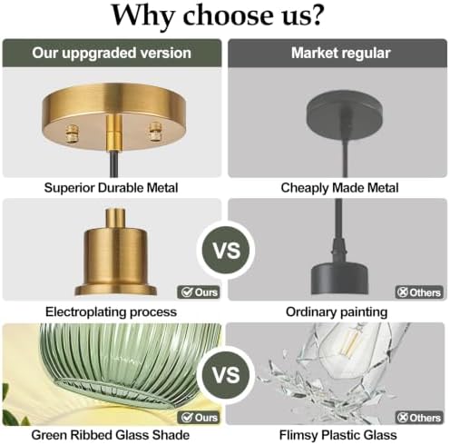2 Pack Pendant Lights with Vintage Green Ribbed Glass Lampshade, Adjustable Brushed Gold Pendant Lights Fixtures for Kitchen Island Lighting Sink, Dining & Living Room Hallway (Bulbs Not Included) - Image 6