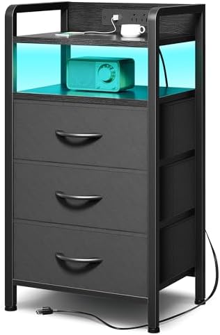 Lazzanto Nightstand with Rear Charging Station, LED Light, 3 Drawers, Black by Lazzanto