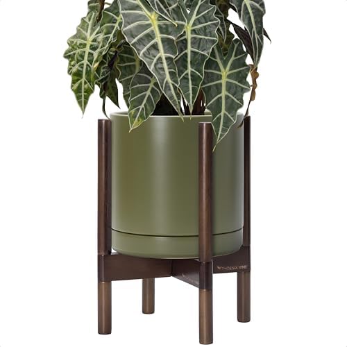 D'vine Dev Ceramic Pot with Walnut Wood Stand, Olive, 10 in, 55-B-X-J by DvineDevPlanterPotsandStand