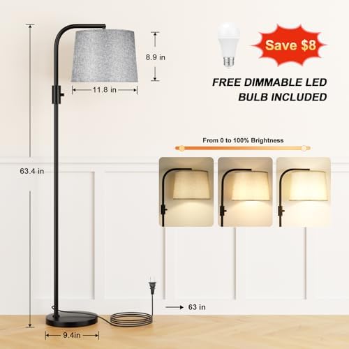 Ambimall Fully Dimmable Floor Lamp with 9W LED Bulb - Standing Lamp for Living Room with Adjustable Head, Modern Tall Light with Rotary Switch for Office, Black and Grey - Image 2