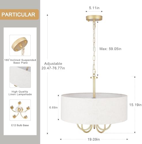5 Lights Drum Chandelier Gold Farmhouse Chandelier with Shades 19" Large Pendant Light Fixtures Hanging Brass Round Chandeliers for Bedroom Dining Room Over Table Living Room Foyer Kitchen Island - Image 7