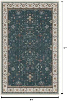 Hazo Haus Dark Green Oushak 5x8 Living Room Rug - Modern Vintage Boho Eclectic Floral Pastel, Washable Low Pile Non-Slip Large Area Rugs for Nursery Dining Under Table Bedroom Lounge - Image 2