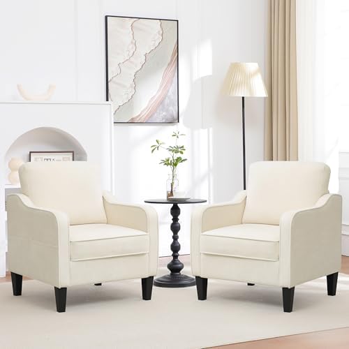 Accent Chairs Set of 2, Upholstered Living Room Chairs with Side Pockets, Mid Century Modern Reading Chair for Bedroom, Comfy Armchair Single Sofa Side Chair for Office, Small Room, Beige by choairy